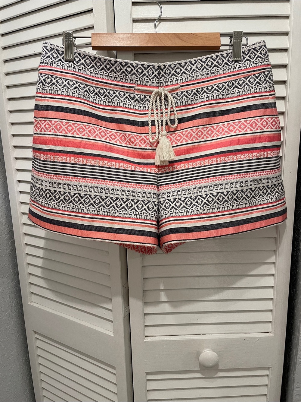 LOFT Coral, Black and White Patterned High-Waist Shorts with Tassel Tie